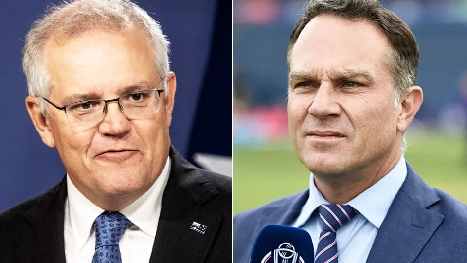 Pictured right, Aussie cricket great Michael Slater and Prime Minister Scott Morrison on the left.