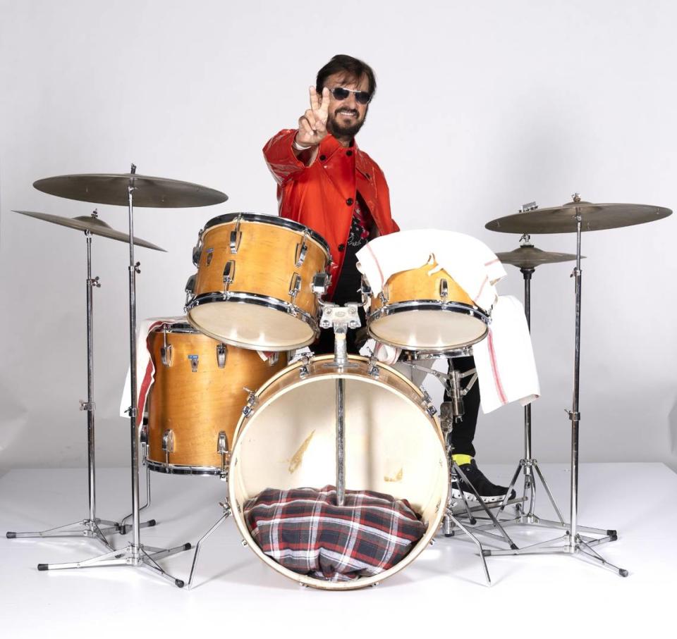 Ringo Starr with the 1967 Ludwig Hollywood drum kit and its thermoglass maple finish. You can see him and the drums in the original “Let It Be” movie of the rooftop concert as well as the “Get Back” documentary, and hear them on the “Let It Be” and “Abbey Road” albums. Scott Robert Ritchie