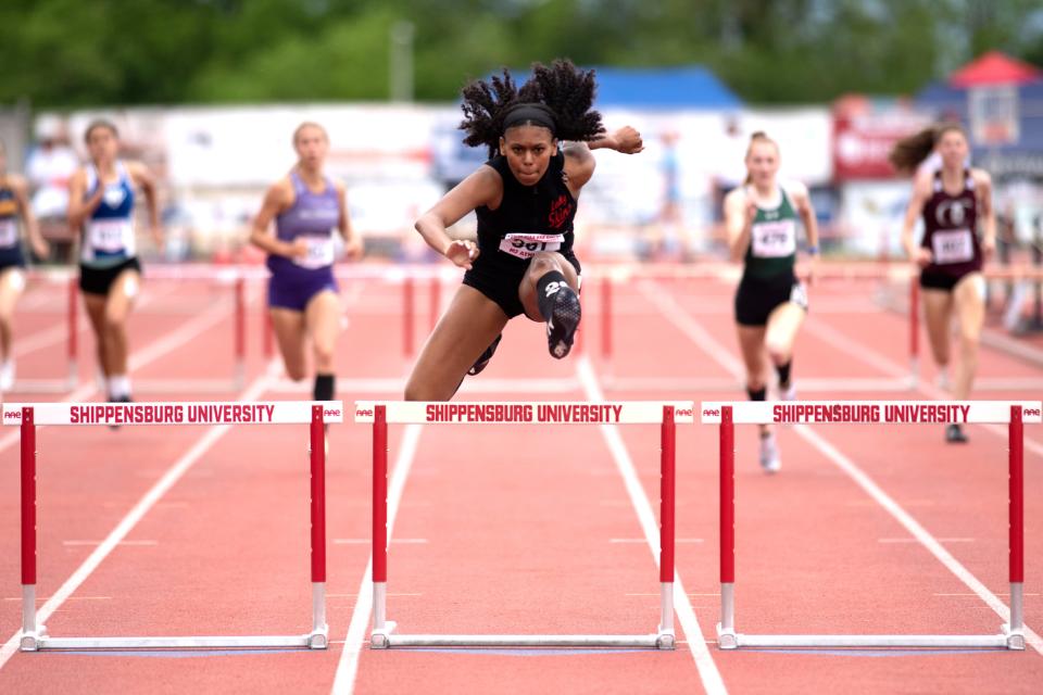 Neshaminy's Sanaa Hebron places first in girls 3A 300-meter hurdles prelims with 42.59 at PIAA Track and Field Championship at Shippensburg University on Friday, May 27, 2022.