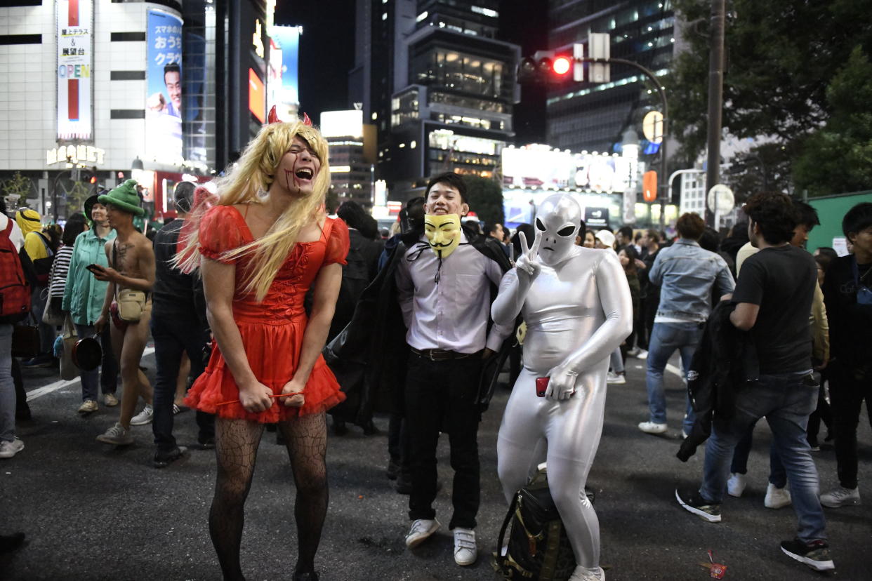 Revellers dressed in Halloween costumes gather at Shibuya crossing at Halloween night on October 31, 2018, Tokyo, Japan.  (Photo by Richard Atrero de Guzman/NurPhoto via Getty Images)