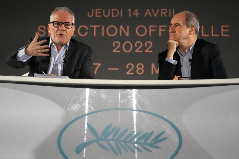 Festival delegate general Thierry Fremaux and festival president Pierre Lescure attend a press conference to announce the 2022 Cannes lineup - Credit: ASSOCIATED PRESS