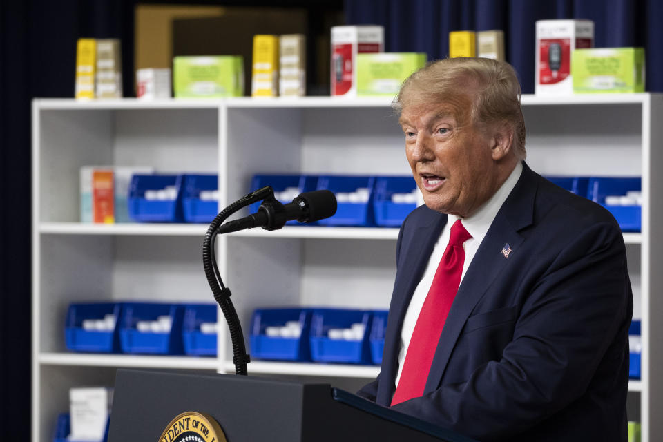 President Donald Trump speaks during an event to sign executive orders on lowering drug prices, in the South Court Auditorium in the White House complex, Friday, July 24, 2020, in Washington. (AP Photo/Alex Brandon)
