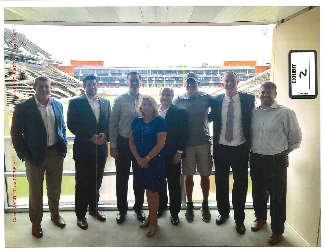 Former NFL football player Brett Favre, welfare officials and University of Southern Mississippi staffers met in July of 2017 to discuss the welfare agency funding the construction of a multi-million dollar volleyball stadium on campus. From left to right, attendees of the gathering were former professional wrestler Ted “Teddy” DiBiase, MDHS deputy Garrig Sheilds, then-USM Director of Athletics Jon Gilbert, Mississippi Community Education Center founder Nancy New, then-MDHS Director John Davis, Favre, another university athletics staffer Daniel Feig and Zach New.