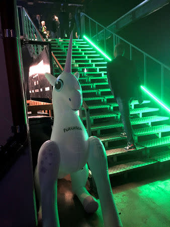 A unicorn, representing tech start-ups valued at over 1 billion dollars, is pictured at Slush, one of Europe's biggest tech start-up conferences in Helsinki, Finland November 30, 2016. REUTERS/Mia Shanley