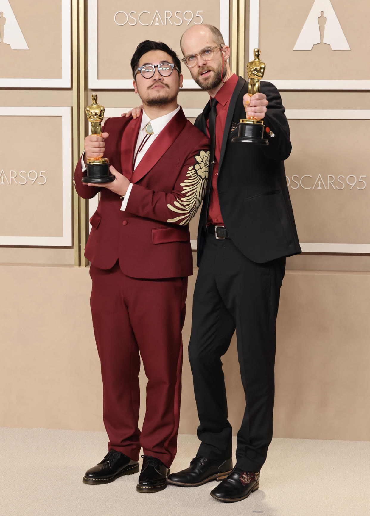 HOLLYWOOD, CALIFORNIA - MARCH 12: Daniel Kwan and Daniel Scheinert, winners of the Best Director award for ’Everything Everywhere All at Once’, pose in the press room during the 95th Annual Academy Awards at Ovation Hollywood on March 12, 2023 in Hollywood, California. (Photo by Rodin Eckenroth/Getty Images)