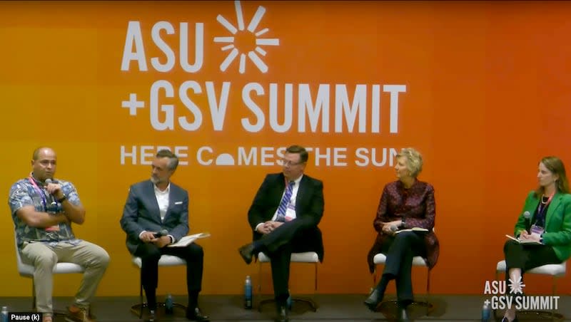 BYU Hawai’i President John Kauwe, Elder Clark Gilbert, Biola University President Barry Corey, Shirley Hoogstra, president of the Council for Christian Colleges & Universities (CCCU) and Kristen Fox, the CEO of Business Higher Education Forum sit together on a panel about how religious mission can drive innovation in higher education at the ASU + GSV Summit on April 15, 2024.