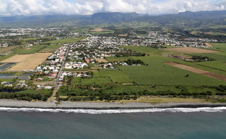 Aerial view of La Reunion island in the Indian Ocean, and the coastline where plane debris was found on July 29, 2015