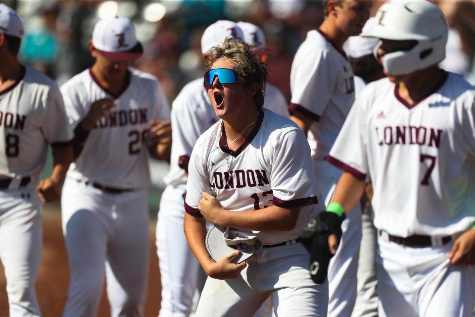 London's Rylan Freeman (13) celebrates a run in the UIL Class 3A baseball state championship against Brock at Dell Diamond on Saturday, June 11, 2022 in Round Rock, Texas. The Pirates won 16-13 to clinch the state title.