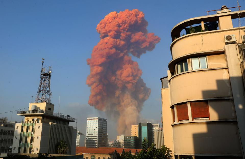 A picture shows the scene of an explosion in Beirut on August 4, 2020. - A large explosion rocked the Lebanese capital Beirut on August 4, an AFP correspondent said. The blast, which rattled entire buildings and broke glass, was felt in several parts of the city. (Photo by Anwar AMRO / AFP) (Photo by ANWAR AMRO/AFP via Getty Images)