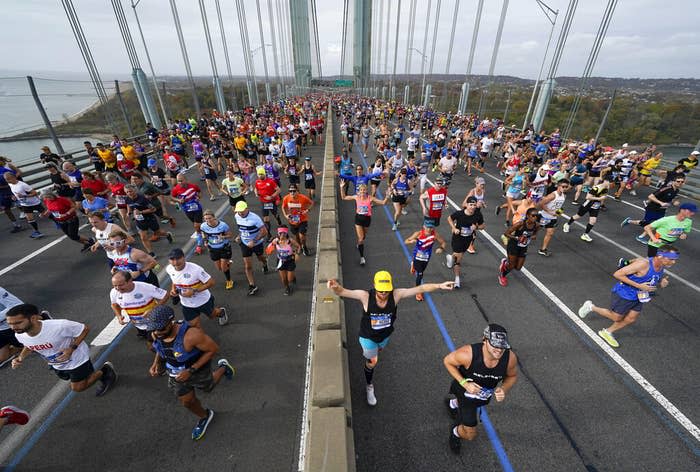 Runners cross the Verrazzano-Narrows Bridge at the start of the New York City Marathon on Nov. 6, 2022.