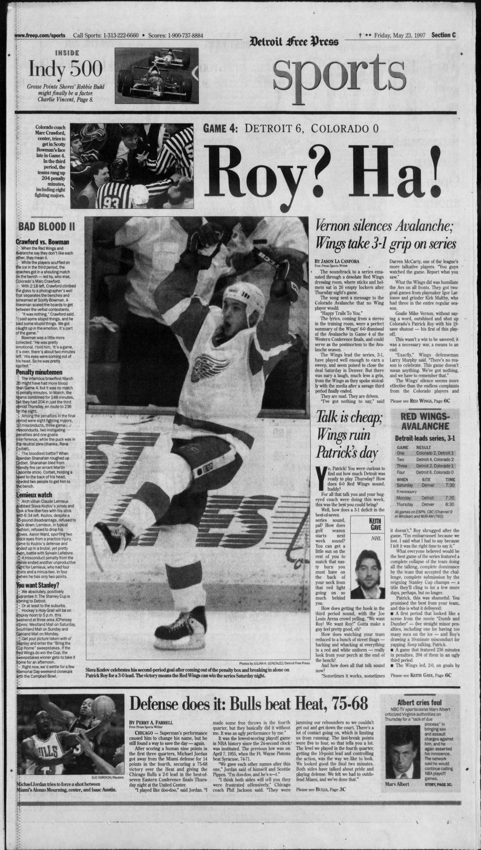 The front page of the sports section on May 23, 1997, the day after the Red Wings beat the Avalanche, 6-0, in Game 4 of the Western Conference finals at Joe Louis Arena.