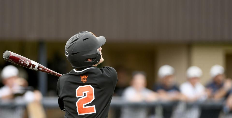 Hoover's Mason Ashby takes a cut during a high school baseball game at Louisville on Friday, April 14, 2023.