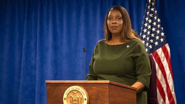 PHOTO: New York State Attorney General Letitia James speaks during a press conference announcing a lawsuit to sue Donald Trump for years of financial fraud on Sept. 21, 2022, in New York. (Michael Nigro/Sipa USA via AP)