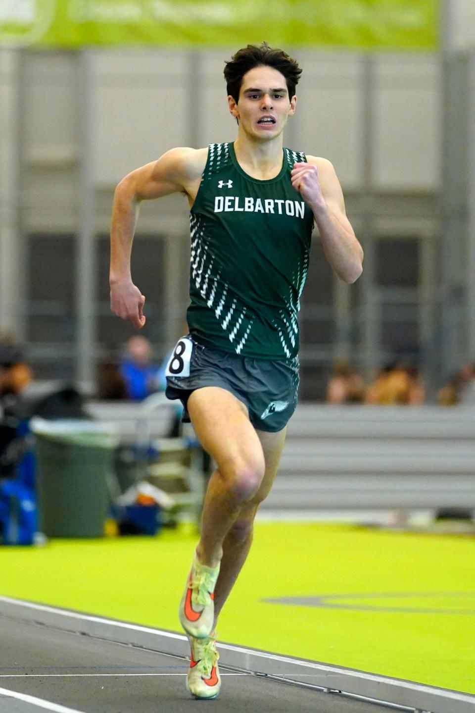 Collin Boler of Delbarton places first in the 600-meter run during the Morris County winter track championships at the Ocean Breeze Athletic Complex in Staten Island on Jan. 30, 2023.