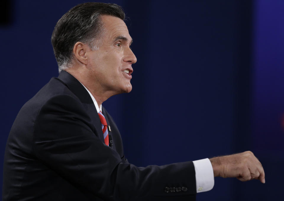 Republican presidential nominee Mitt Romney makes a point during the third presidential debate with President Barack Obama at Lynn University, Monday, Oct. 22, 2012, in Boca Raton, Fla. (AP Photo/David Goldman)