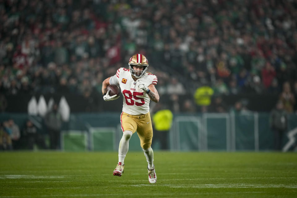 San Francisco 49ers tight end George Kittle runs free after making a catch against the Philadelphia Eagles during the first half of an NFL football game, Sunday, Dec. 3, 2023, in Philadelphia. (AP Photo/Matt Slocum)