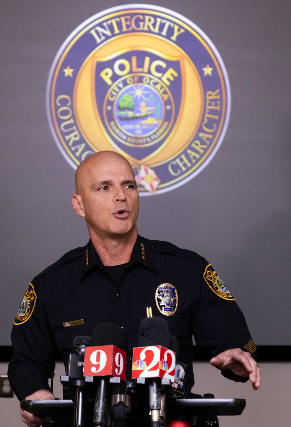 Ocala Police Chief Mike Balken addresses the media on Monday.