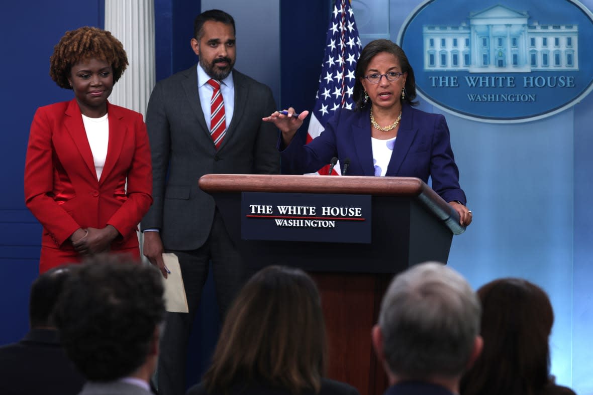 WASHINGTON, DC – AUGUST 24: White House Domestic Policy Adviser Susan Rice (R) speaks on President Biden’s announcement of student loan debt forgiveness as White House Press Secretary Karine Jean-Pierre (L) and Deputy Director of the National Economic Council Bharat Ramamurti (2nd L) listen during a White House daily press briefing at the James S. Brady Press Room of the White House August 24, 2022 in Washington, DC. (Photo by Alex Wong/Getty Images)