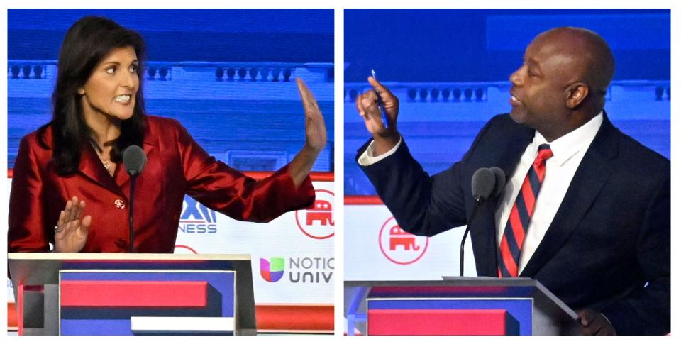 A combination of photos shows Former South Carolina Gov. Nikki Haley, left, and South Carolina Sen. Tim Scott arguing during the FOX Business Republican presidential primary debate at the Ronald Reagan Presidential Library and Museum in Simi Valley, Calif., on Sept. 27, 2023.