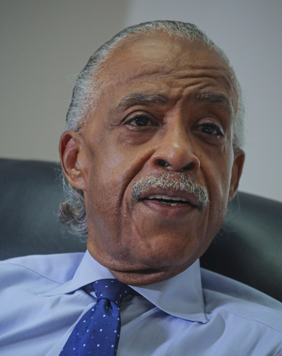 The Rev. Al Sharpton speaks during an interview at his office, Thursday, July 30, 2020, in New York. For more than three decades, Sharpton, 65, has been an advocate for Black American families seeking justice in the wake of violence that highlight systemic racism.(AP Photo/Bebeto Matthews)