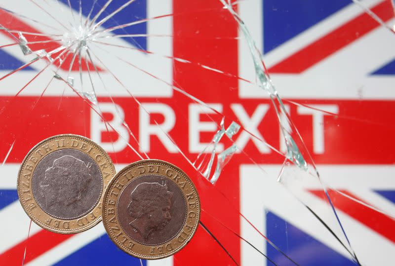 FILE PHOTO: A pound coins are placed on broken glass and British flag in this illustration picture taken