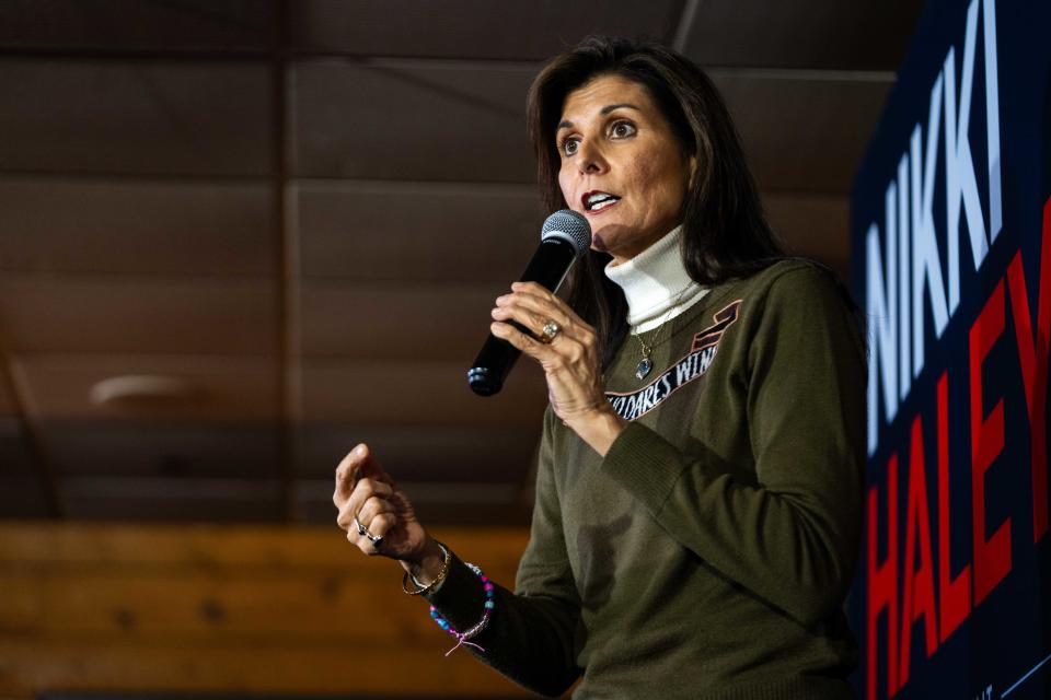 Former U.N. Ambassador Nikki Haley speaks to a crowd of supporters Saturday, Jan. 13, 2024, at Thunder Bay Grille in Davenport, IA.