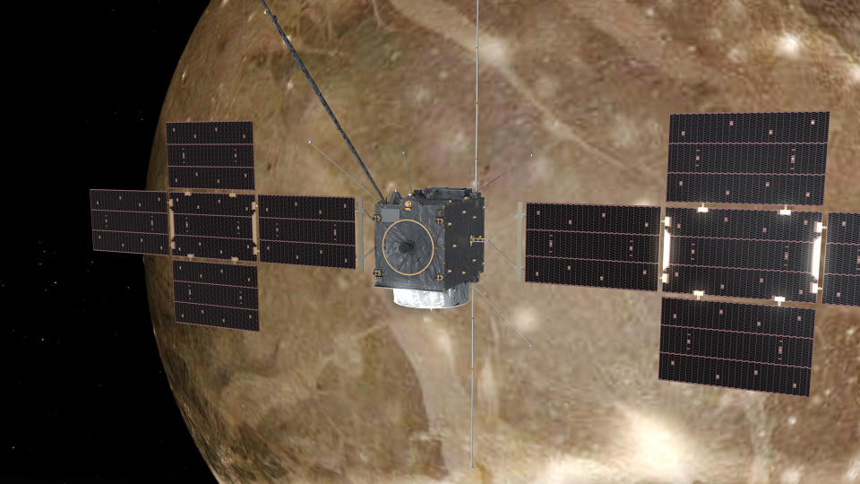 ESA's Juice spacecraft orbiting Jupiter's moon Ganymede.