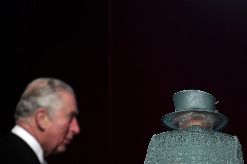 FILE - In this Dec. 19, 2019 file photo, Britain's Queen Elizabeth and Prince Charles arrive for the State Opening of Parliament at the Houses of Parliament in London. At an age when many of his contemporaries have long since retired, King Charles III is not one to put his feet up. The king will mark his 75th birthday on Tuesday, Nov. 14, 2023, by highlighting causes close to his heart. With Queen Camilla at his side, Charles will visit a project that helps feed those in need by redistributing food that might otherwise go to landfills. (Toby Melville, Pool via AP, File)