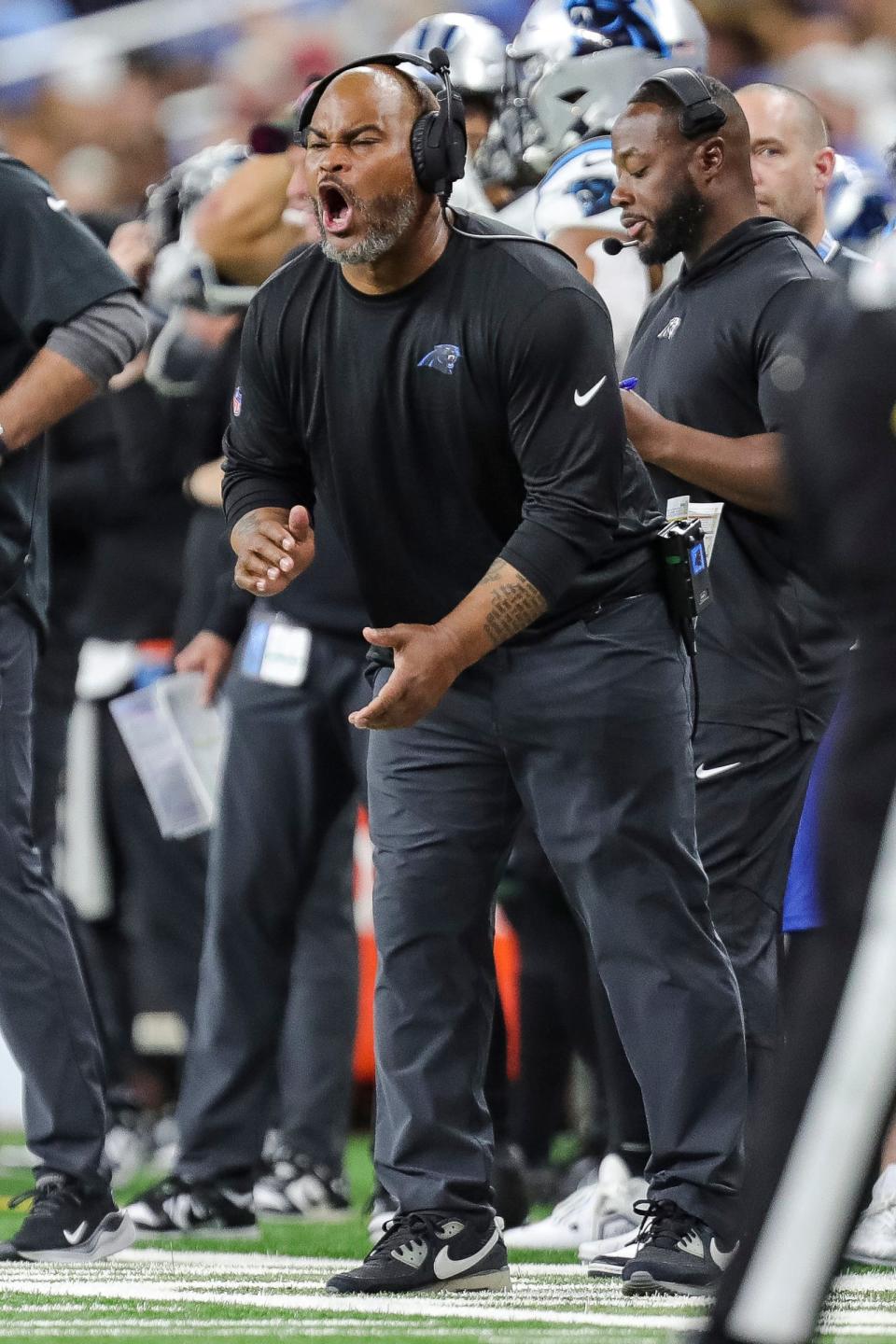 Panthers assistant head coach and running back coach Duce Staley reacts to a play during the second half of the Lions' 42-24 win on Sunday, Oct. 8, 2023, at Ford Field.