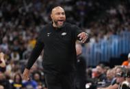 Los Angeles Lakers head coach Darvin Ham reacts during the second half in Game 2 of an NBA basketball first-round playoff series against the Denver Nuggets Monday, April 22, 2024, in Denver. (AP Photo/Jack Dempsey)