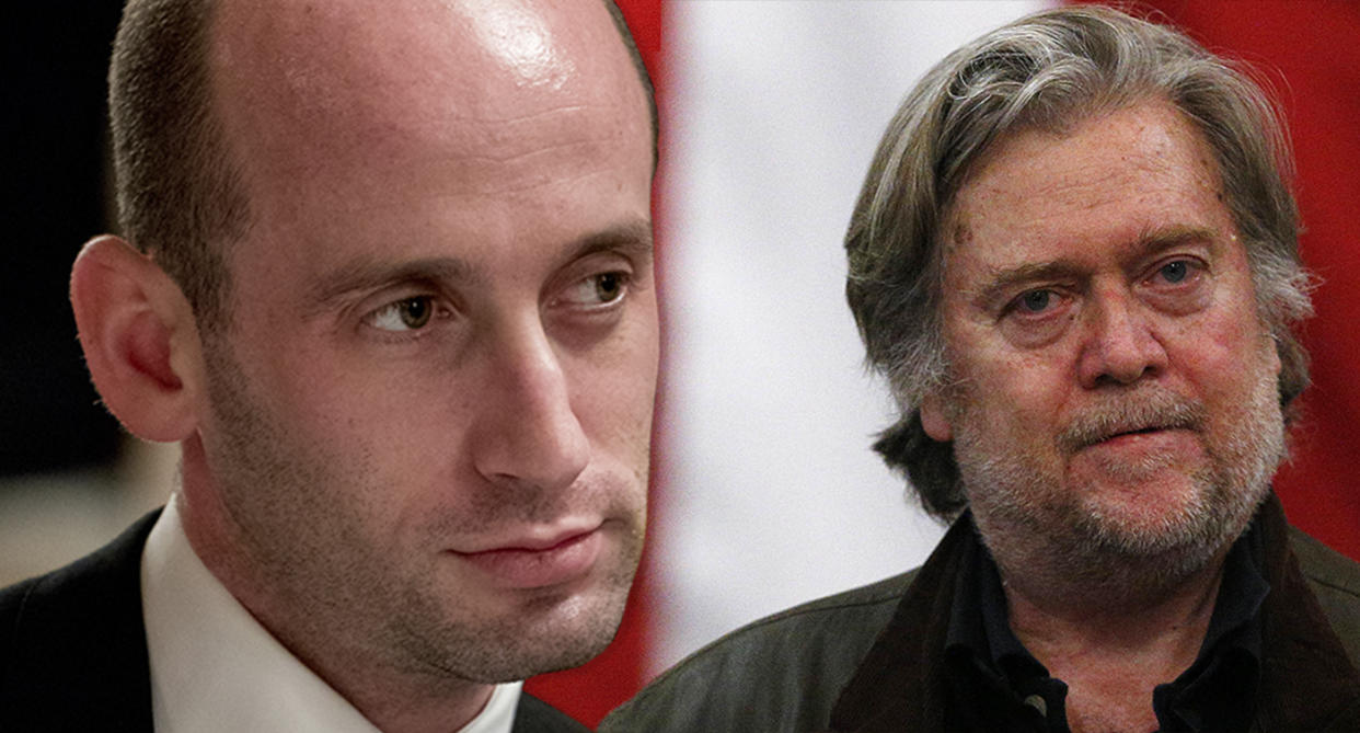 Stephen Miller and Steve Bannon (Photo illustration: Yahoo News; photos: Andrew Harnik/AP, Brynn Anderson/AP)