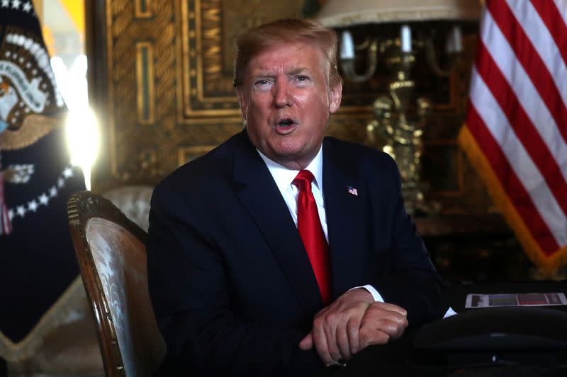 U.S. President Donald Trump participates in a video teleconference with members of the U.S. military at Trump's Mar-a-Lago resort in Palm Beach