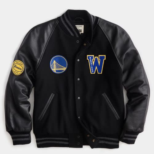 Todd Snyber x NBA Golden State Warriors varsity jacket in black with yellow and blue team color highlights