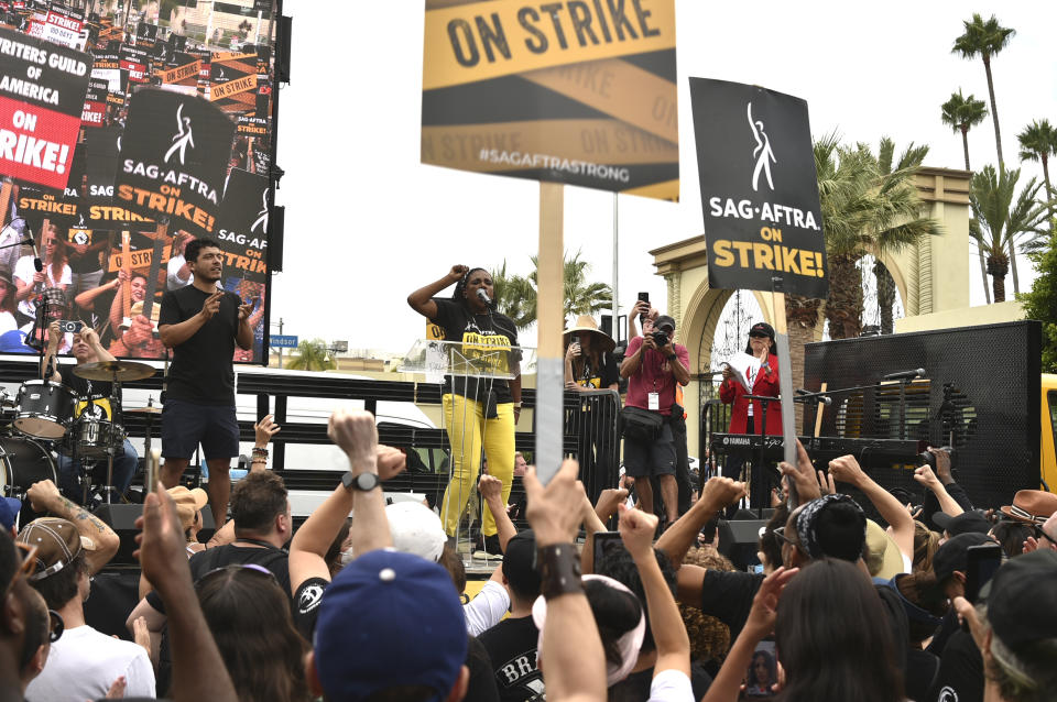 SAG-AFTRA member Sheryl Lee Ralph speaks during a rally outside Paramount Pictures Studio on Wednesday, Sept. 13, 2023, in Los Angeles. The film and television industries remain paralyzed by Hollywood's dual actors and screenwriters strikes. (Photo by Richard Shotwell/Invision/AP)