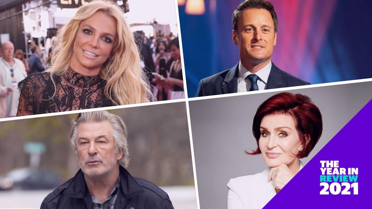 Britney Spears, Alec Baldwin, Chris Harrison and Sharon Osbourne were involved in some of the biggest entertainment stories of 2021.