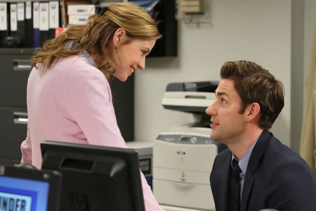 <p>Everett Collection</p> Jenna Fischer and John Krasinski in a scene from "The Office" season 9