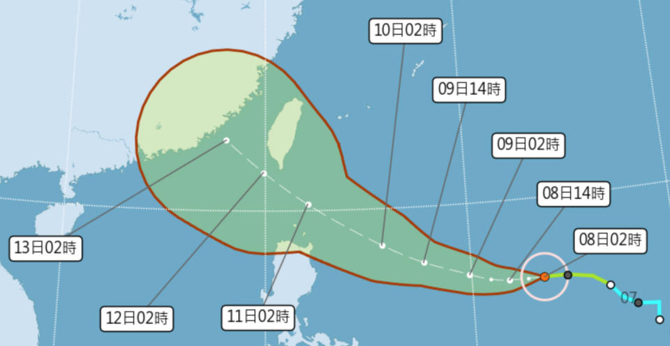 輕颱璨樹今凌晨2時已增強為中颱，估最快明晚發海警、周五陸警，周六、日影響最劇且不排除變強颱侵台！（圖片來源：氣象局，下同）