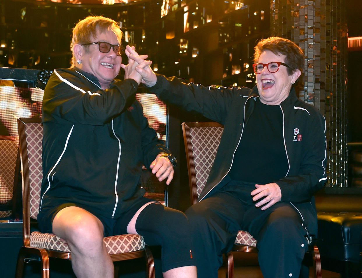 Elton John and Billie Jean King attend the live auction at the World TeamTennis Smash Hits charity tennis event benefiting the Elton John AIDS Foundation, 2016. (David Becker/Getty Images)