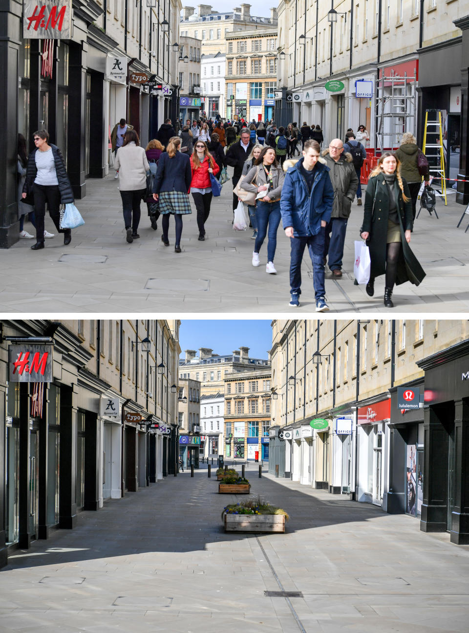 Streets in the centre of Bath busy with visitors and shoppers on 11 March, top, and the empty streets on Tuesday, below.