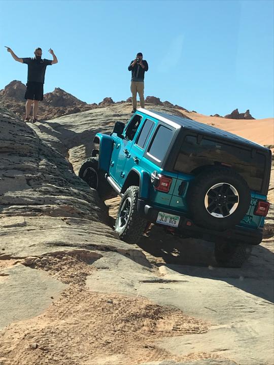 The 2020 Jeep Wrangler Ecodiesel takes on rocks in Utah.