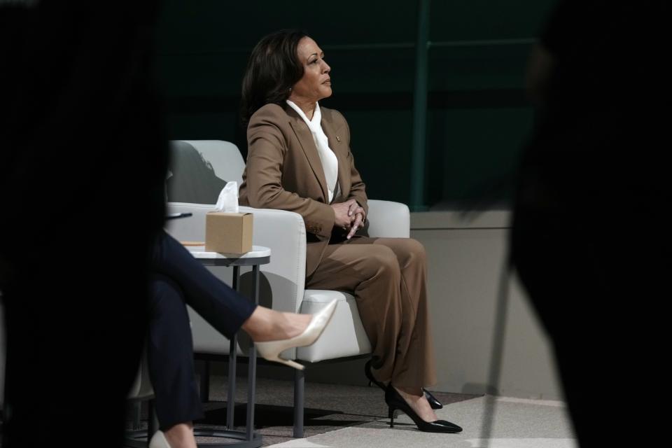 Vice President Kamala Harris waits to speak at a plenary session at the COP28 U.N. Climate Summit, Saturday, Dec. 2, 2023, in Dubai, United Arab Emirates. (AP Photo/Kamran Jebreili)