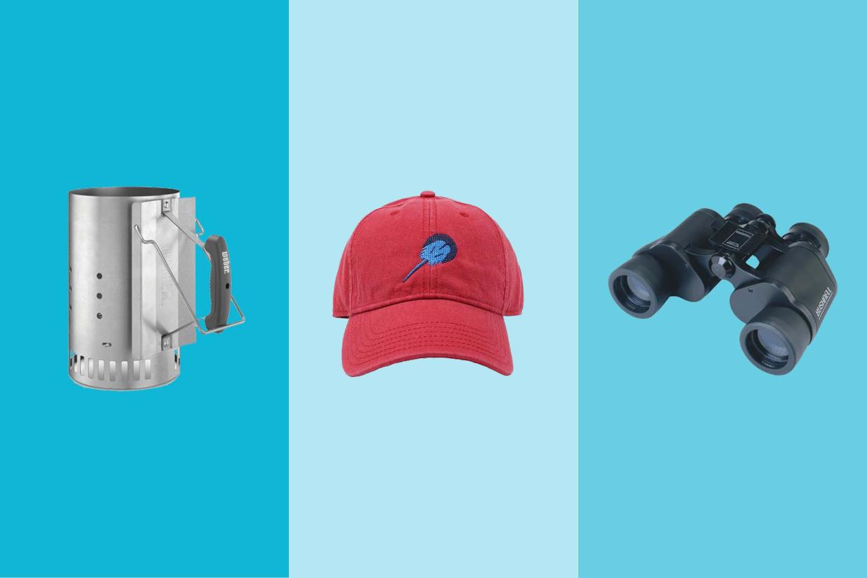 Three gift items on tri-toned blue hues, a chimney starter, a Harding Lane embroidered baseball hat, and binoculars