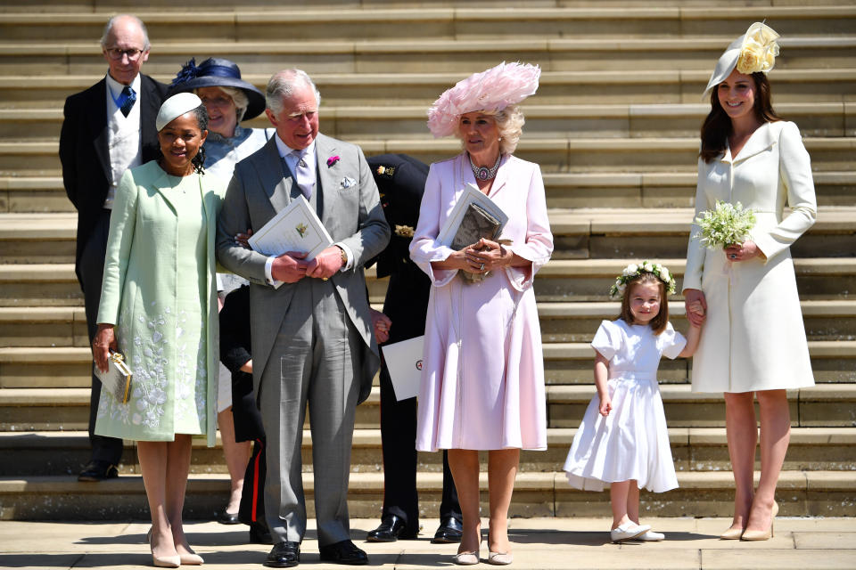 Doria Ragland, Prince Charles, Camilla, Duchess of Cornwall, and Kate Middleton holding Charlotte's hand as they leave the chapel.