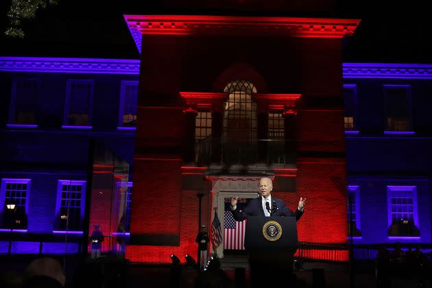 The lighting of Biden's speech, at Independence Hall in Philadelphia, prompted some conservatives to draw comparisons to Adolf Hitler and Satan. (Photo: Alex Wong via Getty Images)