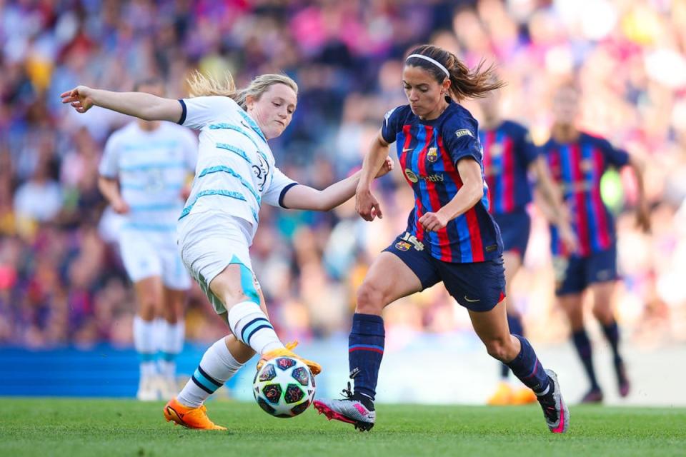 Bonmati challenges for the ball against Erin Cuthbert in last season’s semi-final (Getty)