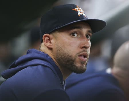 May 25, 2019; Houston, TX, USA; Houston Astros center fielder George Springer (4) looks on from the dugout during the fifth inning against the Boston Red Sox at Minute Maid Park. Mandatory Credit: Troy Taormina-USA TODAY Sports