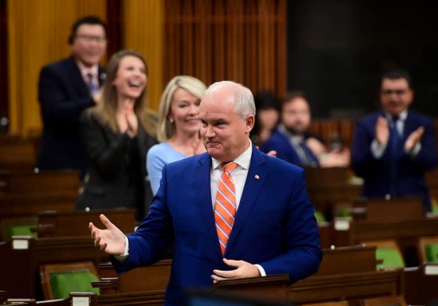 Conservative Leader Erin O'Toole stands during question period in the House of Commons on Sept. 30, 2020.