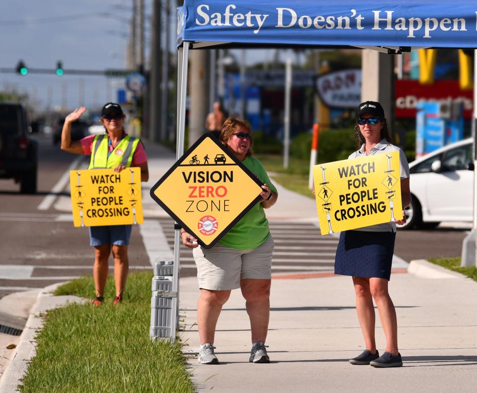 The Space Coast Transportation Planning Organization, Florida Department of Transportation and Cocoa Beach police participated in a State Road A1A pedestrian safety "pop-up event" Wednesday near Ron Jon Surf Shop.