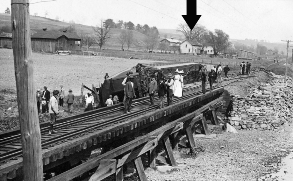 A photograph/postcard from the collection of Diane Janowski shows the aftermath of the Lehigh Valley train wreck of May 1911 near Breesport. The arrow shows what Janowski believes to be the side view of today’s 240 Breesport Road, near where the wreck took place in Chemung County near Horseheads.