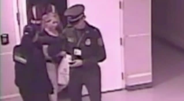 CCTV from inside a Colombian airport shows the moment it all goes wrong for Adelaide accused drug mule Cassandra Sainsbury. Picture: Noticias RCN